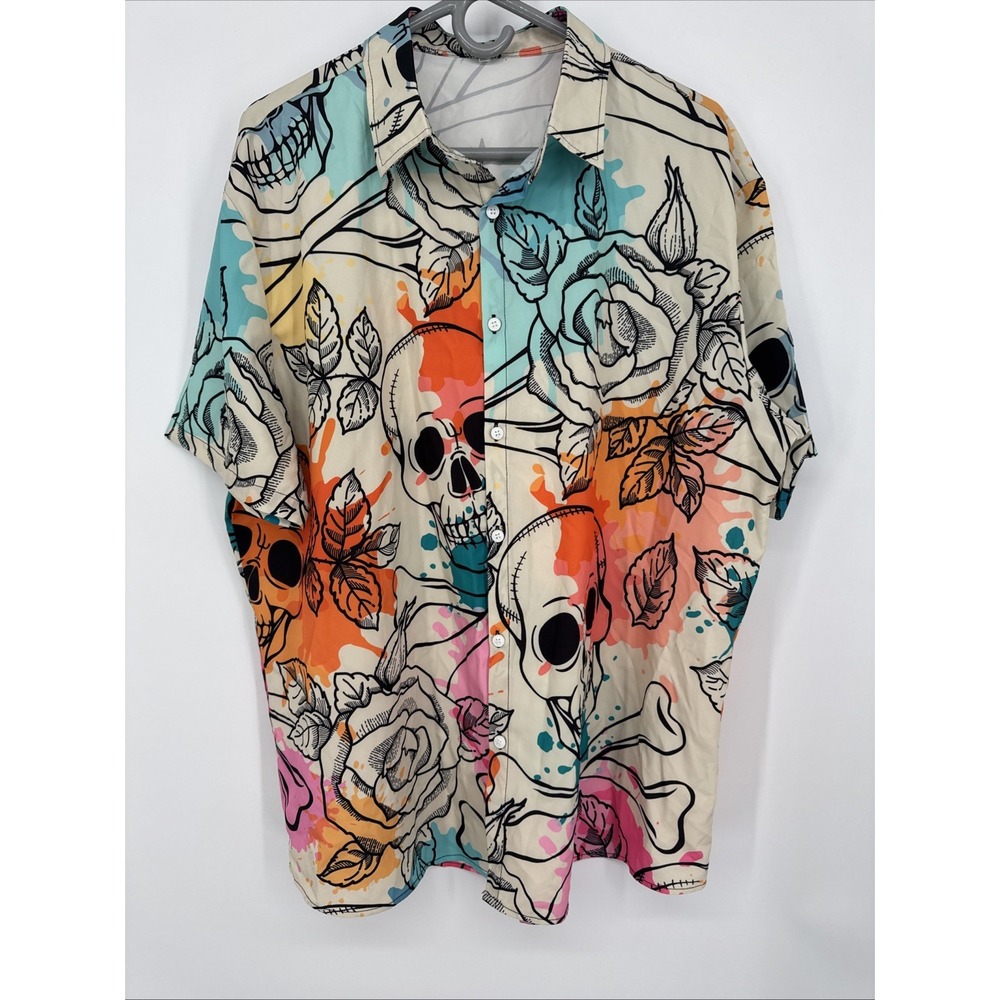 Men's 2xl Skull Rose Hawaiian Button Up Shirt Gothic Floral Beach Bones
